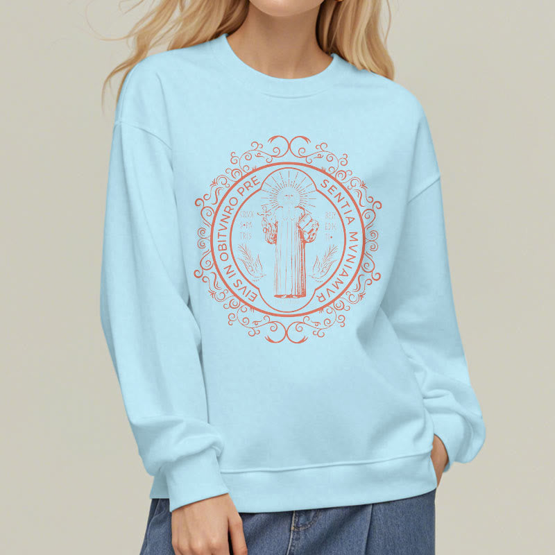 Christianartworkshop Classic Style Floral St. Benedict Embelm Fleece Lined Polyester Sweatshirt