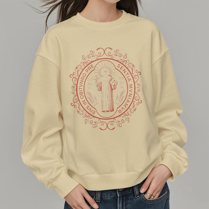 Christianartworkshop Classic Style Floral St. Benedict Embelm Fleece Lined Polyester Sweatshirt