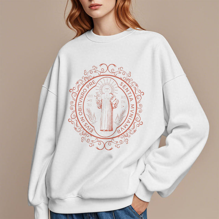 Christianartworkshop Classic Style Floral St. Benedict Embelm Fleece Lined Polyester Sweatshirt