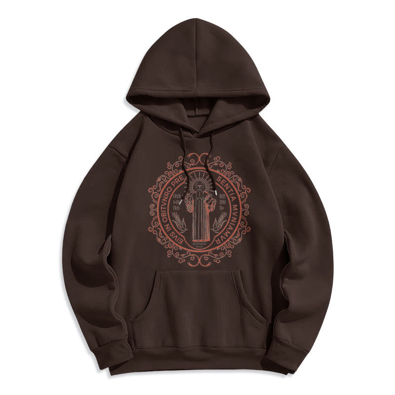 Christianartworkshop Classic Style Floral St. Benedict Embelm Fleece Lined Polyester Hoodie