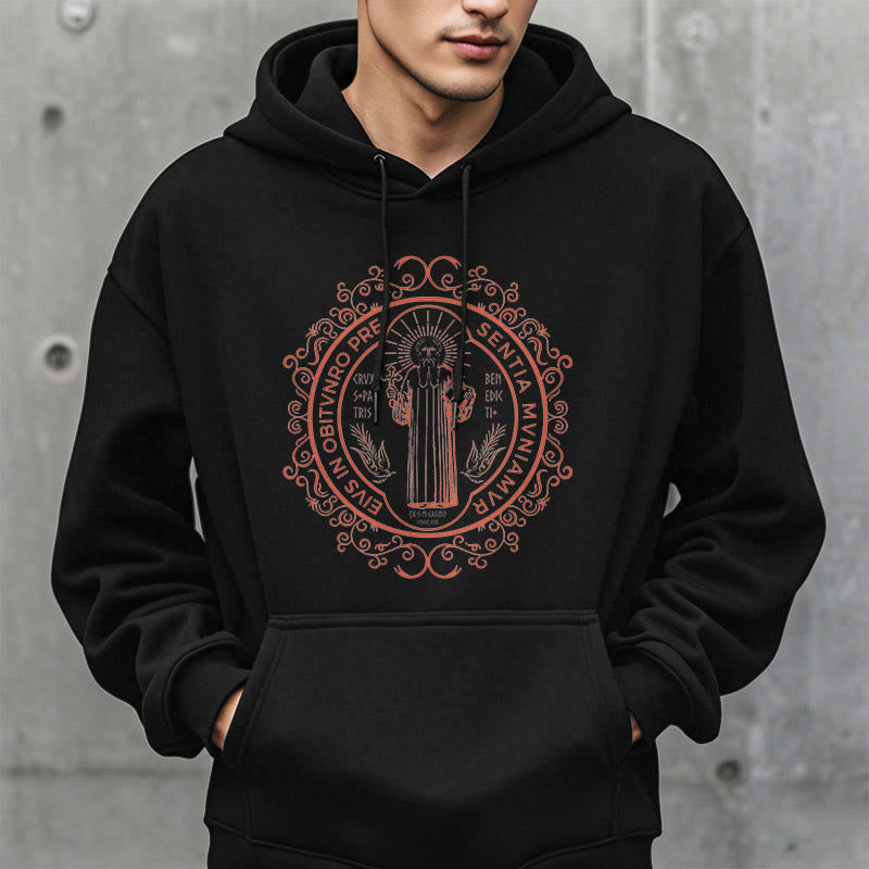 Christianartworkshop Classic Style Floral St. Benedict Embelm Fleece Lined Polyester Hoodie