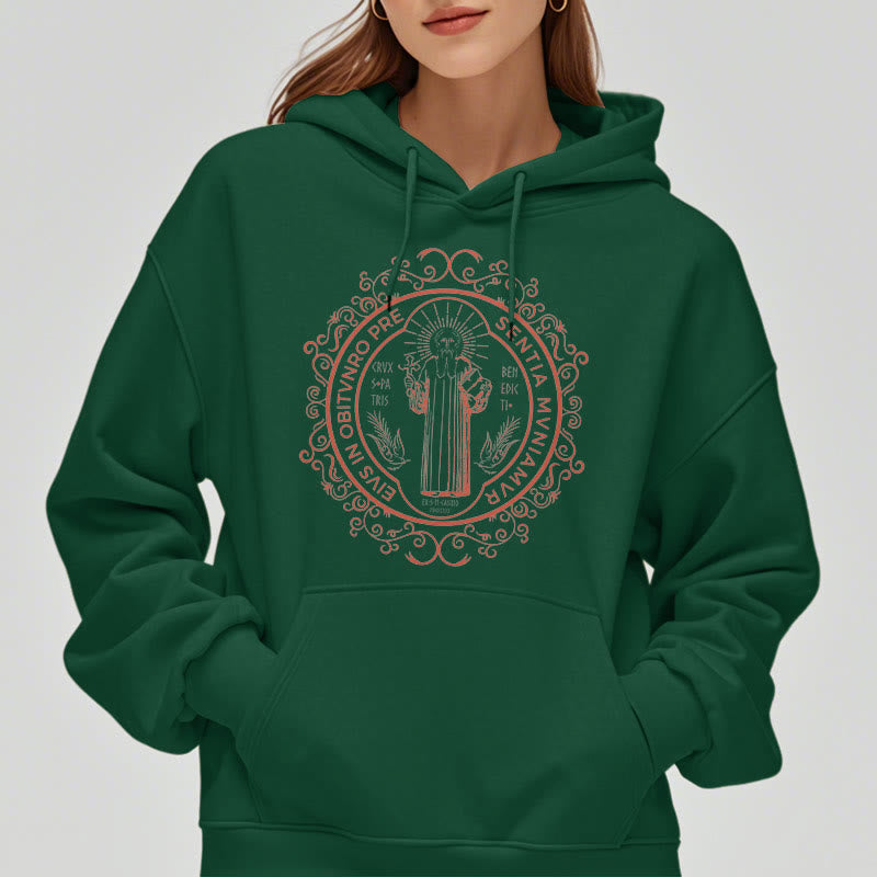 Christianartworkshop Classic Style Floral St. Benedict Embelm Fleece Lined Polyester Hoodie