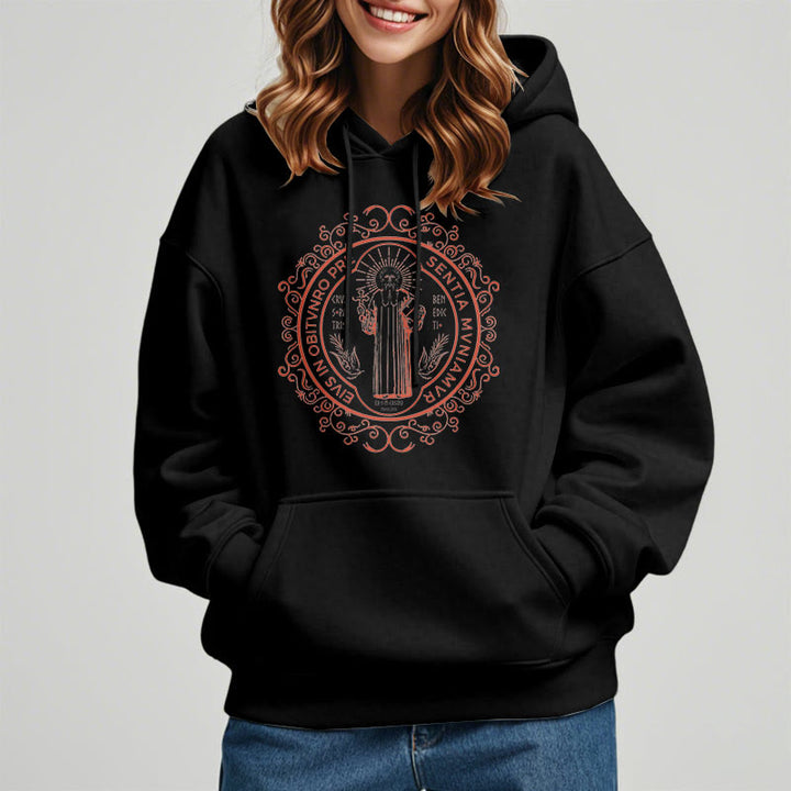 Christianartworkshop Classic Style Floral St. Benedict Embelm Fleece Lined Polyester Hoodie