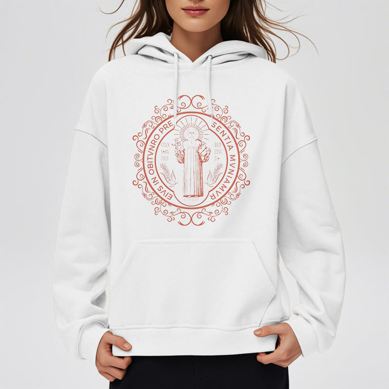 Christianartworkshop Classic Style Floral St. Benedict Embelm Fleece Lined Polyester Hoodie