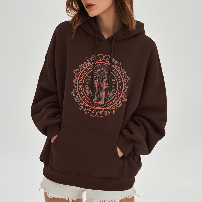 Christianartworkshop Classic Style Floral St. Benedict Embelm Fleece Lined Polyester Hoodie