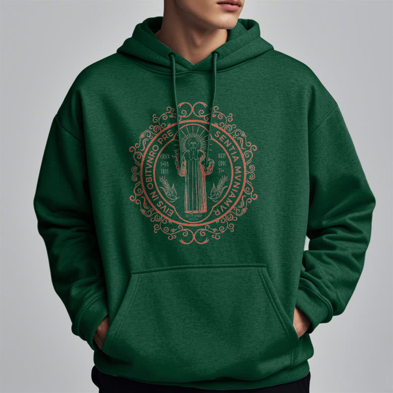 Christianartworkshop Classic Style Floral St. Benedict Embelm Fleece Lined Polyester Hoodie