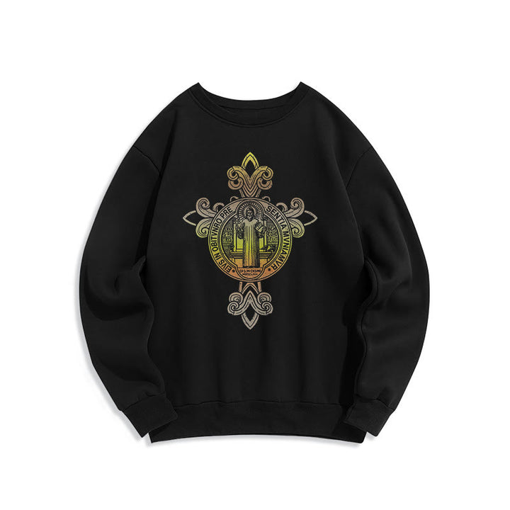 Christianartworkshop Colored Style St. Benedict Emblem Scrollwork Fleece Lined Polyester Sweatshirt