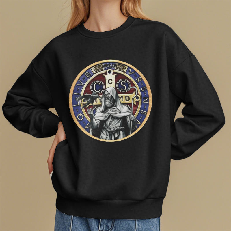 Christianartworkshop Classic Colored Style St. Benedict Figure Emblem Fleece Lined Polyester Sweatshirt - image 1