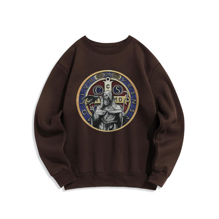 Christianartworkshop Classic Colored Style St. Benedict Figure Emblem Fleece Lined Polyester Sweatshirt - Brown - 2XL - image 15