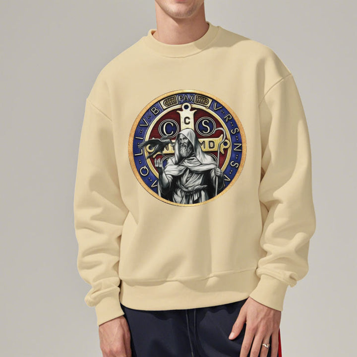 Christianartworkshop Classic Colored Style St. Benedict Figure Emblem Fleece Lined Polyester Sweatshirt - image 13