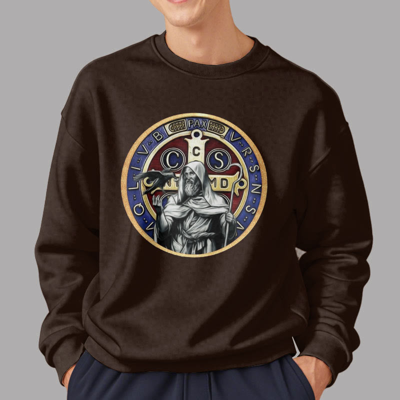 Christianartworkshop Classic Colored Style St. Benedict Figure Emblem Fleece Lined Polyester Sweatshirt - image 17