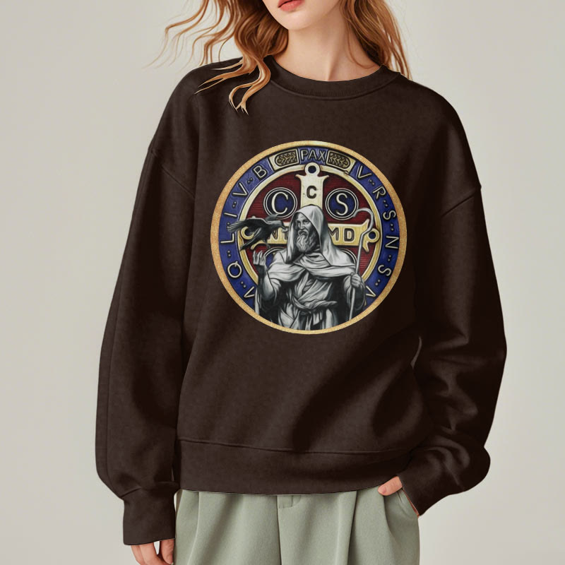 Christianartworkshop Classic Colored Style St. Benedict Figure Emblem Fleece Lined Polyester Sweatshirt - image 18