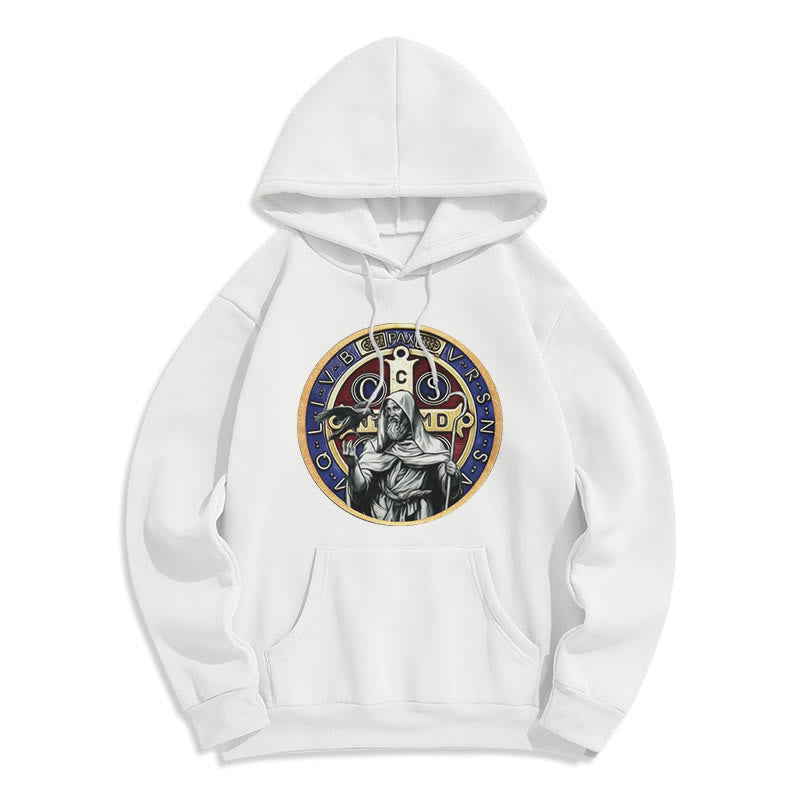 Christianartworkshop Classic Colored Style St. Benedict Figure Emblem Fleece Lined Polyester Hoodie
