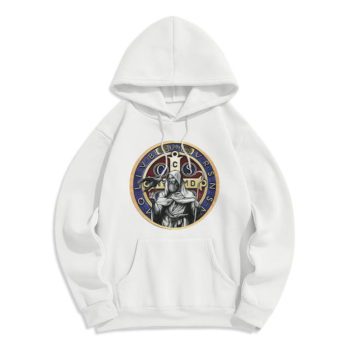 Christianartworkshop Classic Colored Style St. Benedict Figure Emblem Fleece Lined Polyester Hoodie