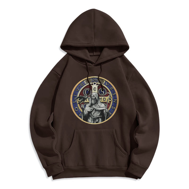 Christianartworkshop Classic Colored Style St. Benedict Figure Emblem Fleece Lined Polyester Hoodie