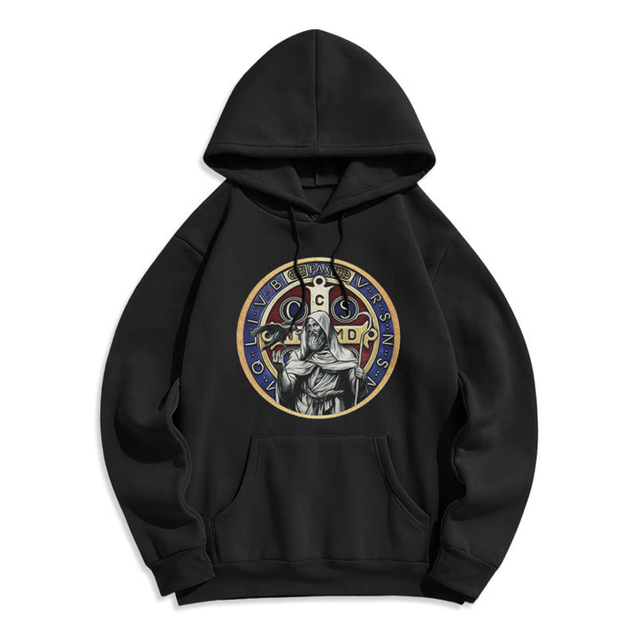 Christianartworkshop Classic Colored Style St. Benedict Figure Emblem Fleece Lined Polyester Hoodie
