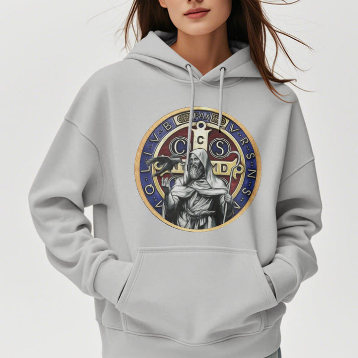 Christianartworkshop Classic Colored Style St. Benedict Figure Emblem Fleece Lined Polyester Hoodie