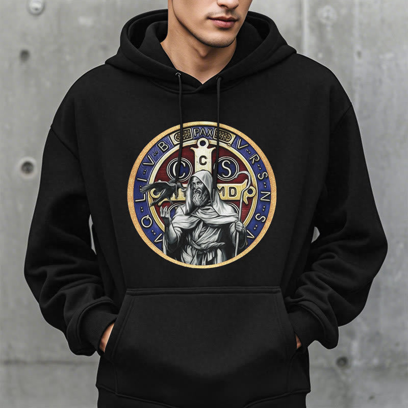 Christianartworkshop Classic Colored Style St. Benedict Figure Emblem Fleece Lined Polyester Hoodie