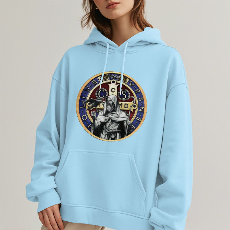 Christianartworkshop Classic Colored Style St. Benedict Figure Emblem Fleece Lined Polyester Hoodie
