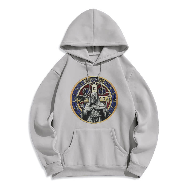 Christianartworkshop Classic Colored Style St. Benedict Figure Emblem Fleece Lined Polyester Hoodie