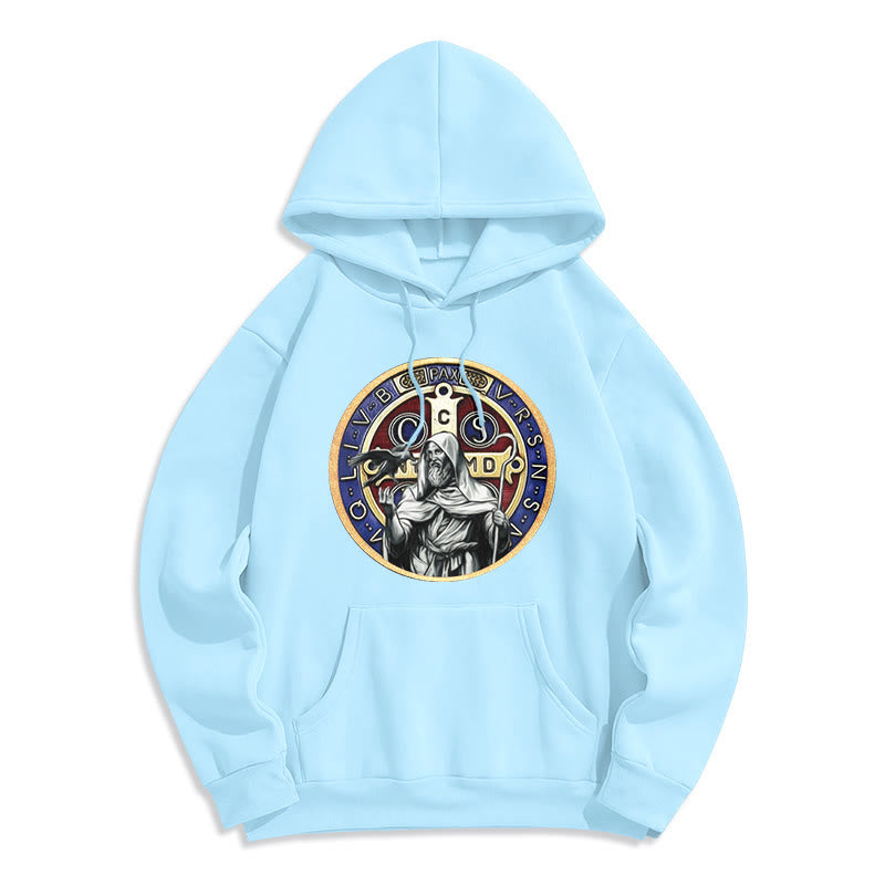 Christianartworkshop Classic Colored Style St. Benedict Figure Emblem Fleece Lined Polyester Hoodie
