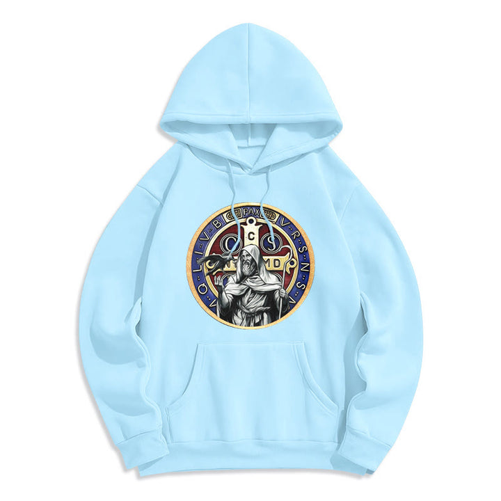 Christianartworkshop Classic Colored Style St. Benedict Figure Emblem Fleece Lined Polyester Hoodie