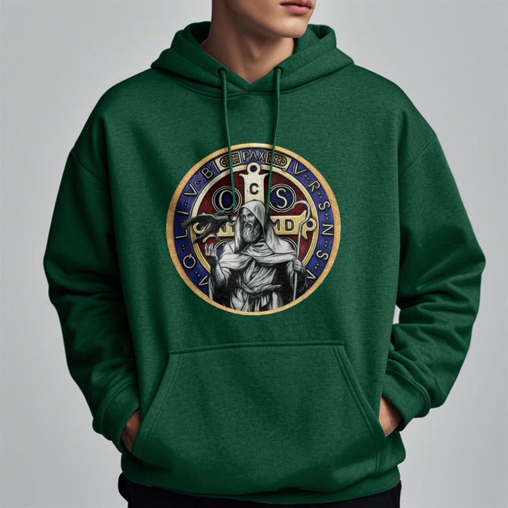 Christianartworkshop Classic Colored Style St. Benedict Figure Emblem Fleece Lined Polyester Hoodie