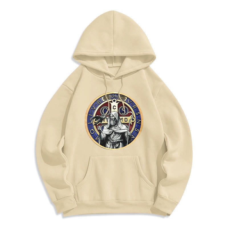 Christianartworkshop Classic Colored Style St. Benedict Figure Emblem Fleece Lined Polyester Hoodie