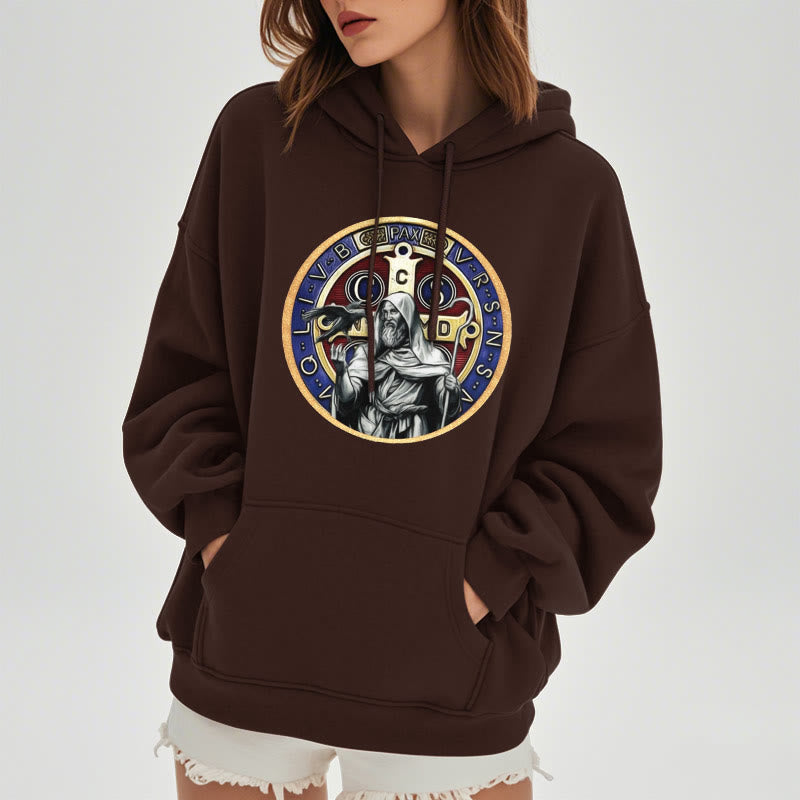 Christianartworkshop Classic Colored Style St. Benedict Figure Emblem Fleece Lined Polyester Hoodie
