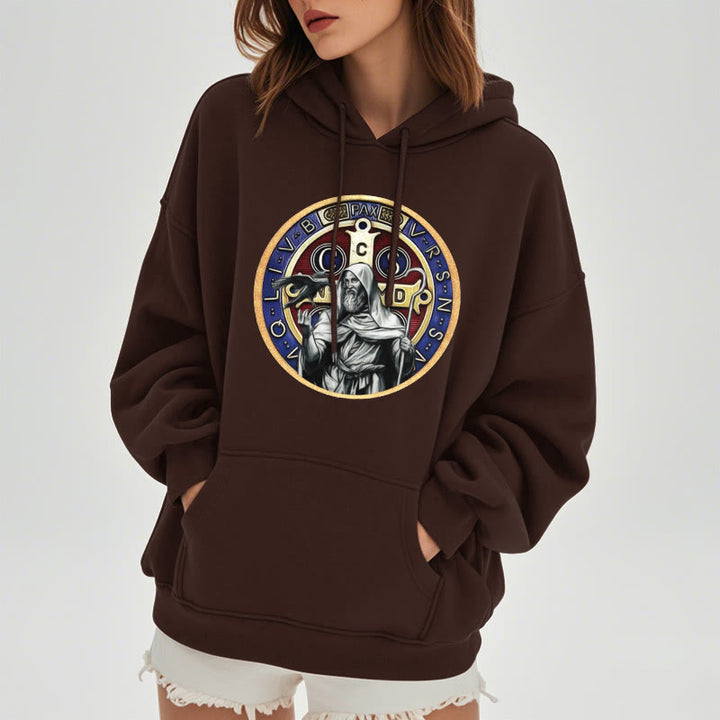 Christianartworkshop Classic Colored Style St. Benedict Figure Emblem Fleece Lined Polyester Hoodie