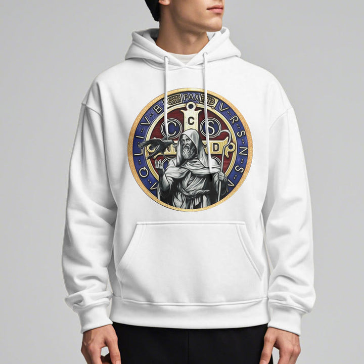 Christianartworkshop Classic Colored Style St. Benedict Figure Emblem Fleece Lined Polyester Hoodie