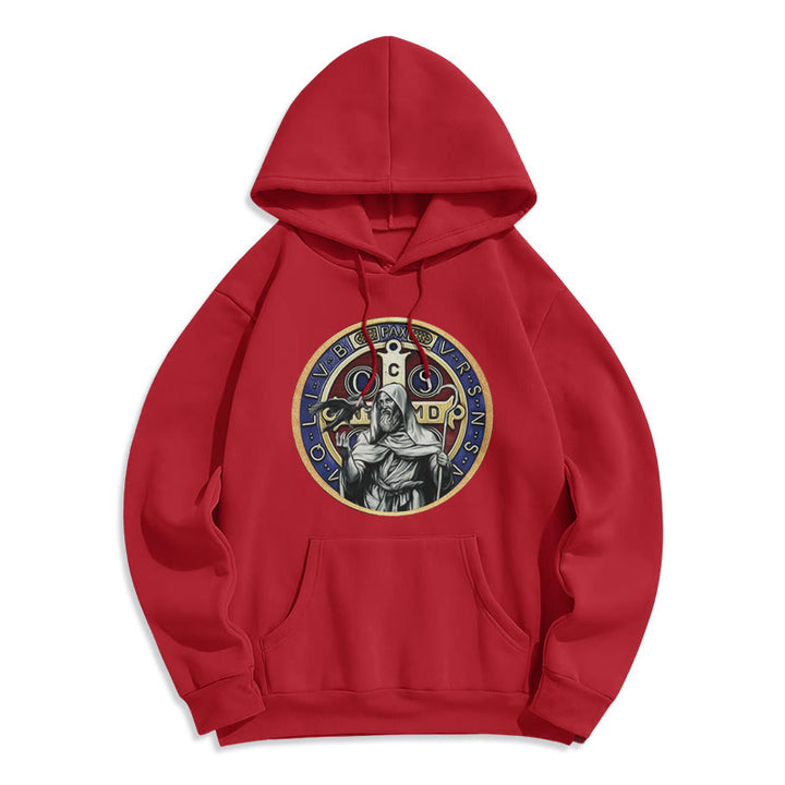Christianartworkshop Classic Colored Style St. Benedict Figure Emblem Fleece Lined Polyester Hoodie