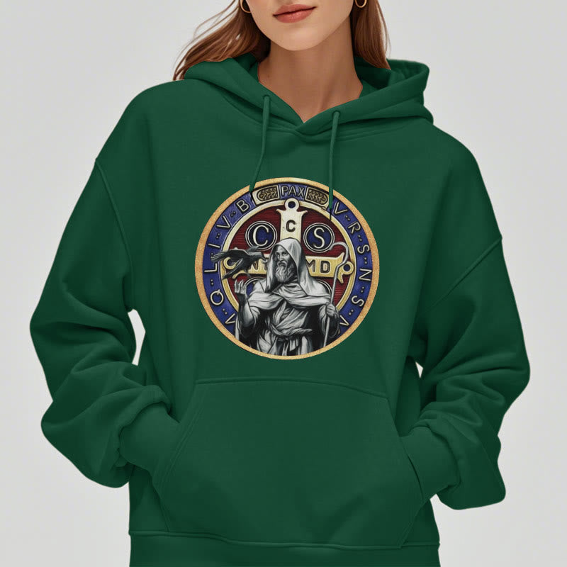 Christianartworkshop Classic Colored Style St. Benedict Figure Emblem Fleece Lined Polyester Hoodie