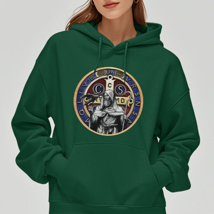 Christianartworkshop Classic Colored Style St. Benedict Figure Emblem Fleece Lined Polyester Hoodie