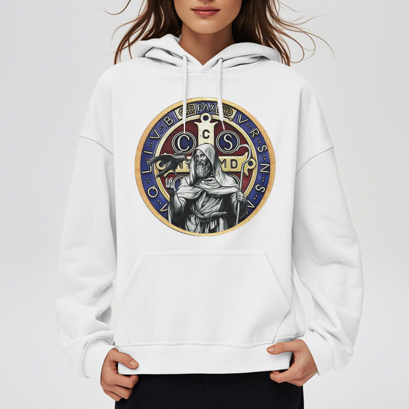Christianartworkshop Classic Colored Style St. Benedict Figure Emblem Fleece Lined Polyester Hoodie