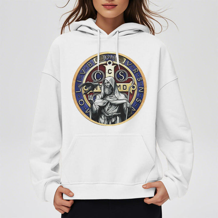 Christianartworkshop Classic Colored Style St. Benedict Figure Emblem Fleece Lined Polyester Hoodie