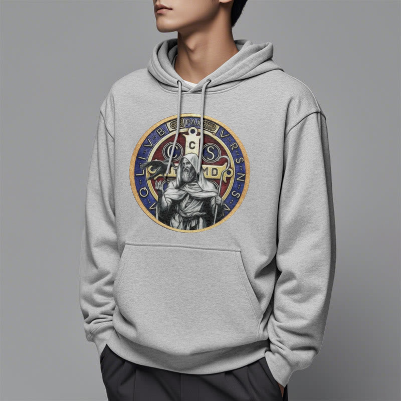 Christianartworkshop Classic Colored Style St. Benedict Figure Emblem Fleece Lined Polyester Hoodie