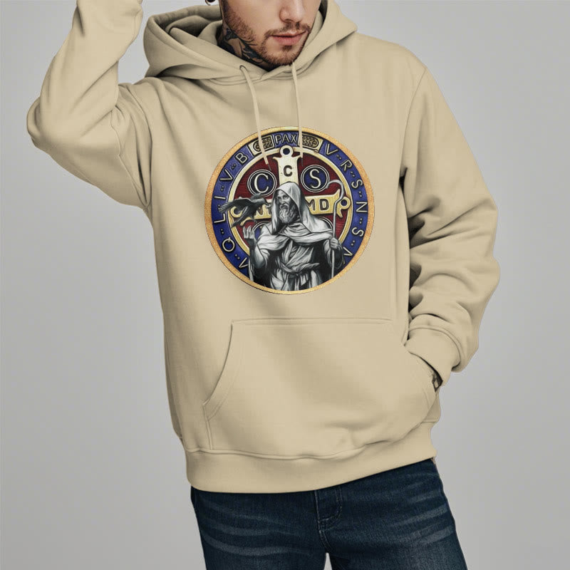 Christianartworkshop Classic Colored Style St. Benedict Figure Emblem Fleece Lined Polyester Hoodie