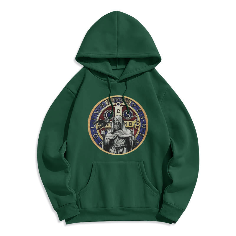 Christianartworkshop Classic Colored Style St. Benedict Figure Emblem Fleece Lined Polyester Hoodie