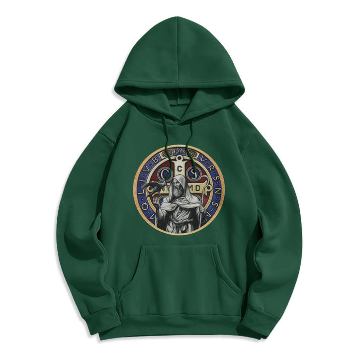 Christianartworkshop Classic Colored Style St. Benedict Figure Emblem Fleece Lined Polyester Hoodie