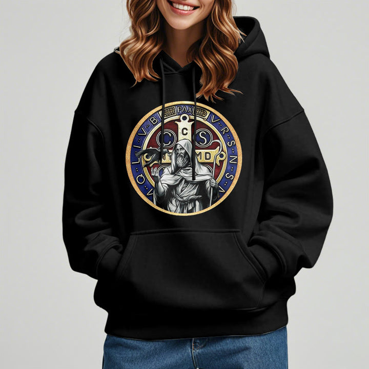 Christianartworkshop Classic Colored Style St. Benedict Figure Emblem Fleece Lined Polyester Hoodie