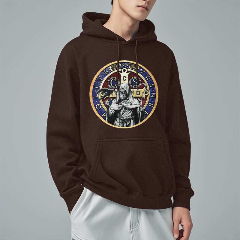 Christianartworkshop Classic Colored Style St. Benedict Figure Emblem Fleece Lined Polyester Hoodie