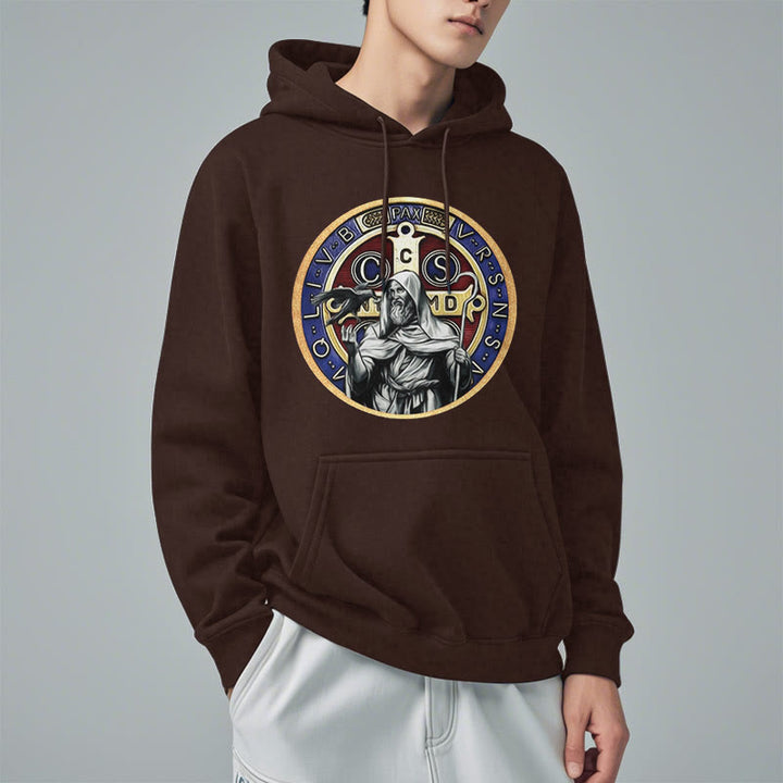 Christianartworkshop Classic Colored Style St. Benedict Figure Emblem Fleece Lined Polyester Hoodie