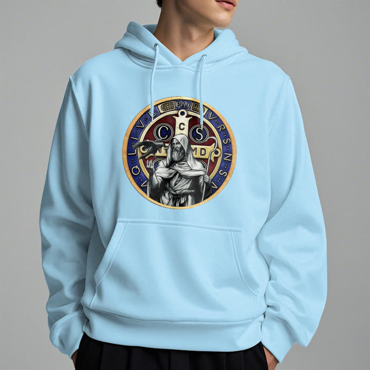 Christianartworkshop Classic Colored Style St. Benedict Figure Emblem Fleece Lined Polyester Hoodie