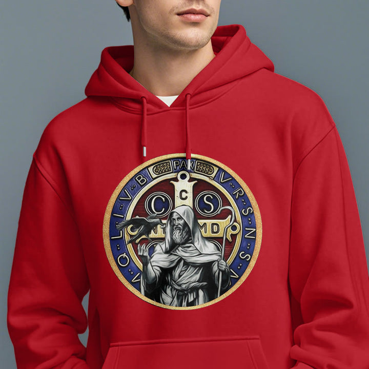 Christianartworkshop Classic Colored Style St. Benedict Figure Emblem Fleece Lined Polyester Hoodie
