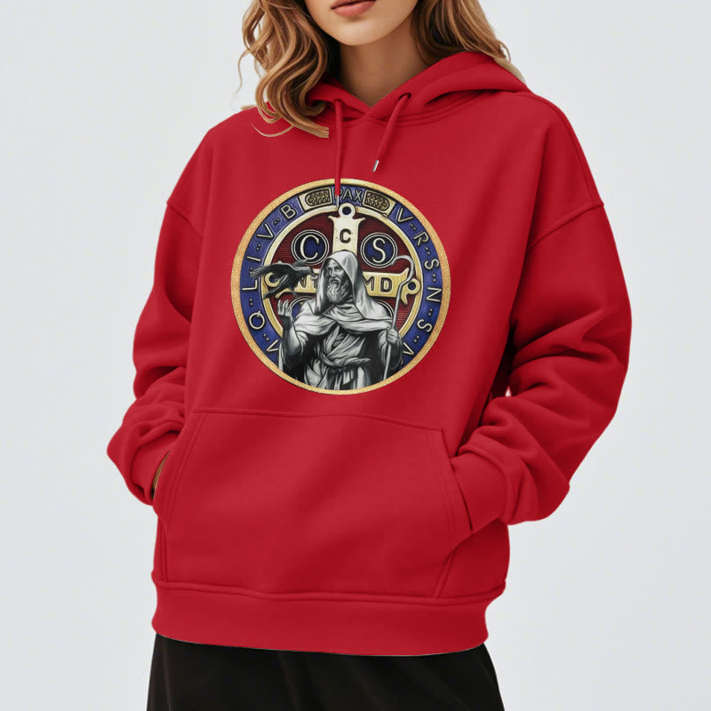 Christianartworkshop Classic Colored Style St. Benedict Figure Emblem Fleece Lined Polyester Hoodie