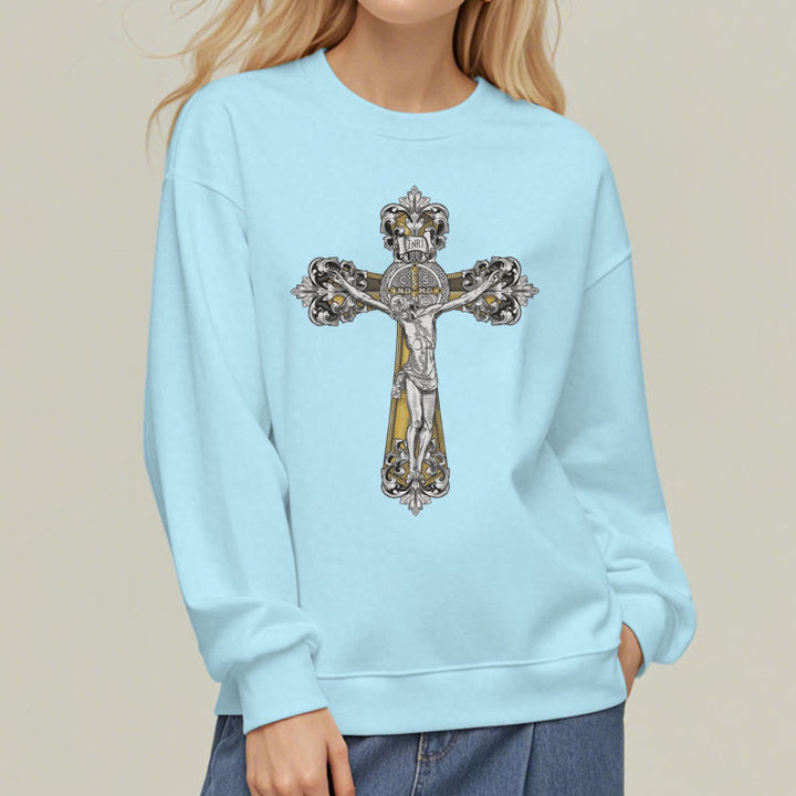 Christianartworkshop Classic Style St. Benedict Cruxifix Faith Fleece Lined Polyester Sweatshirt