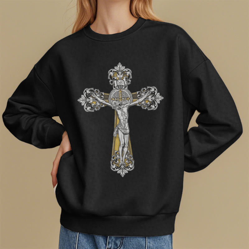 Christianartworkshop Classic Style St. Benedict Cruxifix Faith Fleece Lined Polyester Sweatshirt