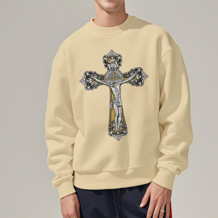 Christianartworkshop Classic Style St. Benedict Cruxifix Faith Fleece Lined Polyester Sweatshirt