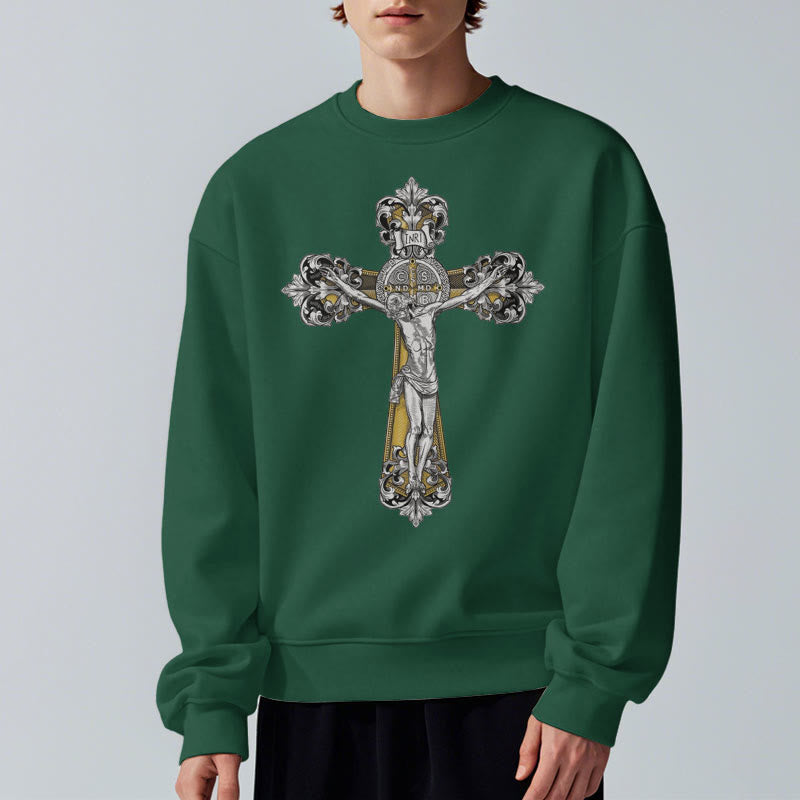 Christianartworkshop Classic Style St. Benedict Cruxifix Faith Fleece Lined Polyester Sweatshirt